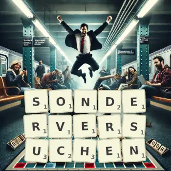 Kreative Illustration für ein Scrabble-Spiel, bei dem das Wort SONDERVERSUCHEN mit Steinen auf dem Brett gelegt wurde.