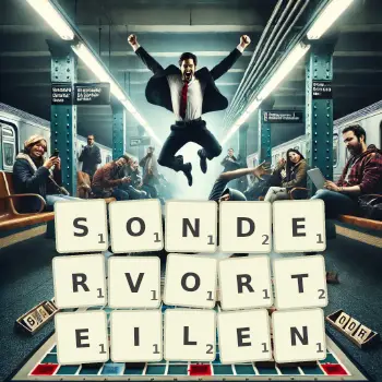 Kreative Illustration für ein Scrabble-Spiel, bei dem das Wort SONDERVORTEILEN mit Steinen auf dem Brett gelegt wurde.