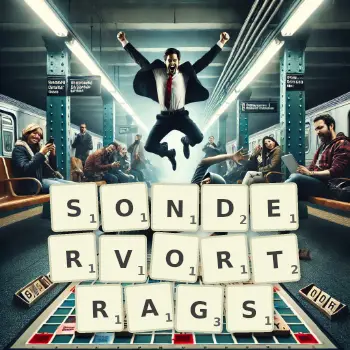 Kreative Illustration für ein Scrabble-Spiel, bei dem das Wort SONDERVORTRAGS mit Steinen auf dem Brett gelegt wurde.