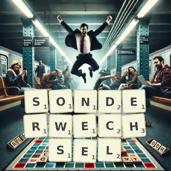 Kreative Illustration für ein Scrabble-Spiel, bei dem das Wort SONDERWECHSEL mit Steinen auf dem Brett gelegt wurde.