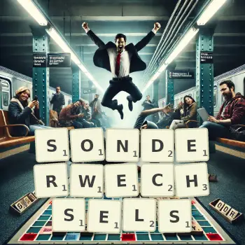 Kreative Illustration für ein Scrabble-Spiel, bei dem das Wort SONDERWECHSELS mit Steinen auf dem Brett gelegt wurde.