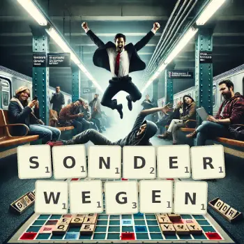 Kreative Illustration für ein Scrabble-Spiel, bei dem das Wort SONDERWEGEN mit Steinen auf dem Brett gelegt wurde.