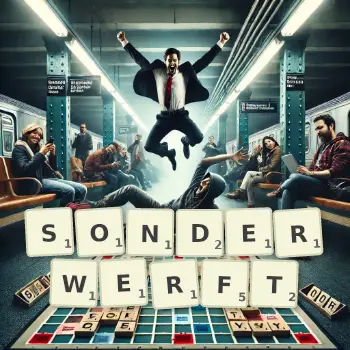 Kreative Illustration für ein Scrabble-Spiel, bei dem das Wort SONDERWERFT mit Steinen auf dem Brett gelegt wurde.