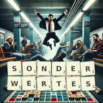 Kreative Illustration für ein Scrabble-Spiel, bei dem das Wort SONDERWERTES mit Steinen auf dem Brett gelegt wurde.