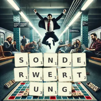 Kreative Illustration für ein Scrabble-Spiel, bei dem das Wort SONDERWERTUNG mit Steinen auf dem Brett gelegt wurde.