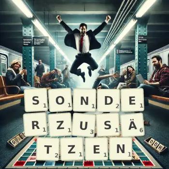 Kreative Illustration für ein Scrabble-Spiel, bei dem das Wort SONDERZUSÄTZEN mit Steinen auf dem Brett gelegt wurde.