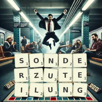 Kreative Illustration für ein Scrabble-Spiel, bei dem das Wort SONDERZUTEILUNG mit Steinen auf dem Brett gelegt wurde.