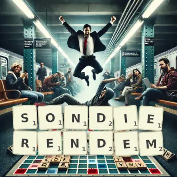 Kreative Illustration für ein Scrabble-Spiel, bei dem das Wort SONDIERENDEM mit Steinen auf dem Brett gelegt wurde.