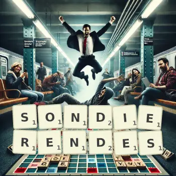 Kreative Illustration für ein Scrabble-Spiel, bei dem das Wort SONDIERENDES mit Steinen auf dem Brett gelegt wurde.
