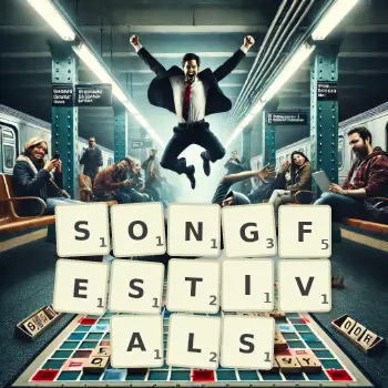 Kreative Illustration für ein Scrabble-Spiel, bei dem das Wort SONGFESTIVALS mit Steinen auf dem Brett gelegt wurde.