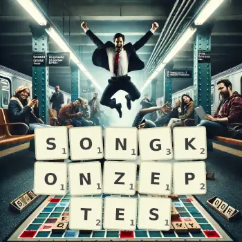 Kreative Illustration für ein Scrabble-Spiel, bei dem das Wort SONGKONZEPTES mit Steinen auf dem Brett gelegt wurde.