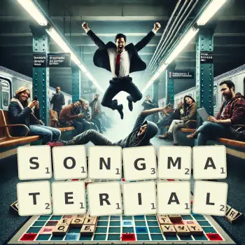 Kreative Illustration für ein Scrabble-Spiel, bei dem das Wort SONGMATERIAL mit Steinen auf dem Brett gelegt wurde.