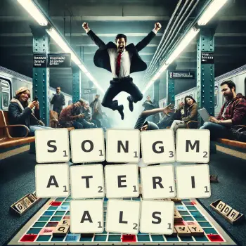 Kreative Illustration für ein Scrabble-Spiel, bei dem das Wort SONGMATERIALS mit Steinen auf dem Brett gelegt wurde.