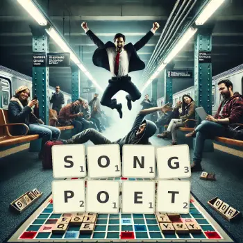 Kreative Illustration für ein Scrabble-Spiel, bei dem das Wort SONGPOET mit Steinen auf dem Brett gelegt wurde.