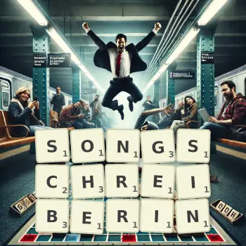 Kreative Illustration für ein Scrabble-Spiel, bei dem das Wort SONGSCHREIBERIN mit Steinen auf dem Brett gelegt wurde.
