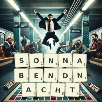 Kreative Illustration für ein Scrabble-Spiel, bei dem das Wort SONNABENDNACHT mit Steinen auf dem Brett gelegt wurde.