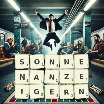 Kreative Illustration für ein Scrabble-Spiel, bei dem das Wort SONNENANZEIGERN mit Steinen auf dem Brett gelegt wurde.