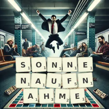 Kreative Illustration für ein Scrabble-Spiel, bei dem das Wort SONNENAUFNAHME mit Steinen auf dem Brett gelegt wurde.