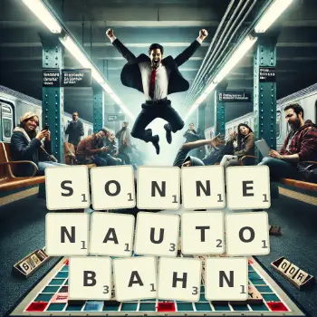 Kreative Illustration für ein Scrabble-Spiel, bei dem das Wort SONNENAUTOBAHN mit Steinen auf dem Brett gelegt wurde.