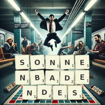 Kreative Illustration für ein Scrabble-Spiel, bei dem das Wort SONNENBADENDES mit Steinen auf dem Brett gelegt wurde.