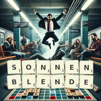 Kreative Illustration für ein Scrabble-Spiel, bei dem das Wort SONNENBLENDE mit Steinen auf dem Brett gelegt wurde.