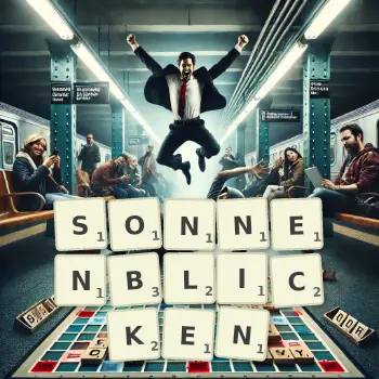 Kreative Illustration für ein Scrabble-Spiel, bei dem das Wort SONNENBLICKEN mit Steinen auf dem Brett gelegt wurde.