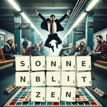 Kreative Illustration für ein Scrabble-Spiel, bei dem das Wort SONNENBLITZEN mit Steinen auf dem Brett gelegt wurde.