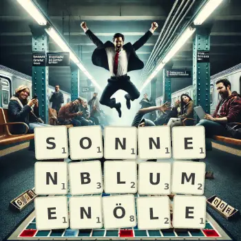 Kreative Illustration für ein Scrabble-Spiel, bei dem das Wort SONNENBLUMENÖLE mit Steinen auf dem Brett gelegt wurde.