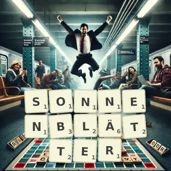 Kreative Illustration für ein Scrabble-Spiel, bei dem das Wort SONNENBLÄTTER mit Steinen auf dem Brett gelegt wurde.