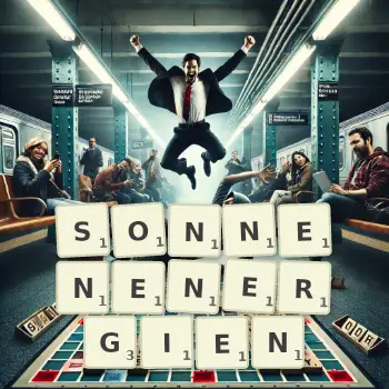 Kreative Illustration für ein Scrabble-Spiel, bei dem das Wort SONNENENERGIEN mit Steinen auf dem Brett gelegt wurde.