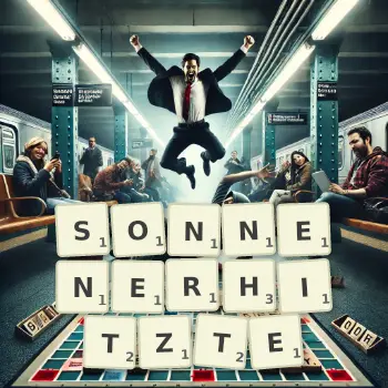 Kreative Illustration für ein Scrabble-Spiel, bei dem das Wort SONNENERHITZTE mit Steinen auf dem Brett gelegt wurde.