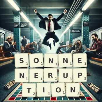 Kreative Illustration für ein Scrabble-Spiel, bei dem das Wort SONNENERUPTION mit Steinen auf dem Brett gelegt wurde.