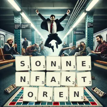 Kreative Illustration für ein Scrabble-Spiel, bei dem das Wort SONNENFAKTOREN mit Steinen auf dem Brett gelegt wurde.