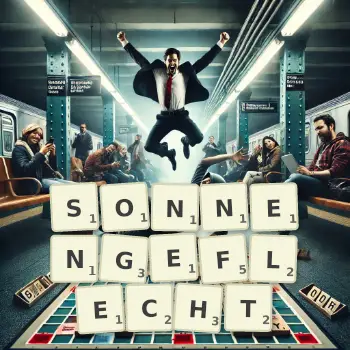 Kreative Illustration für ein Scrabble-Spiel, bei dem das Wort SONNENGEFLECHT mit Steinen auf dem Brett gelegt wurde.