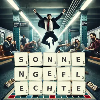 Kreative Illustration für ein Scrabble-Spiel, bei dem das Wort SONNENGEFLECHTE mit Steinen auf dem Brett gelegt wurde.