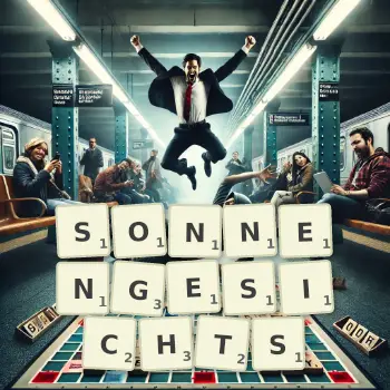 Kreative Illustration für ein Scrabble-Spiel, bei dem das Wort SONNENGESICHTS mit Steinen auf dem Brett gelegt wurde.