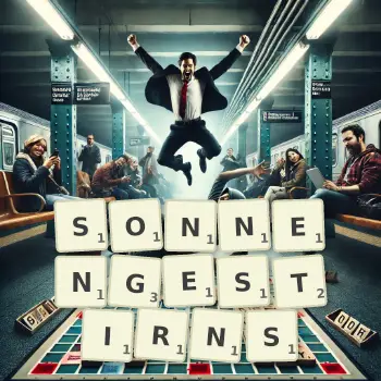 Kreative Illustration für ein Scrabble-Spiel, bei dem das Wort SONNENGESTIRNS mit Steinen auf dem Brett gelegt wurde.