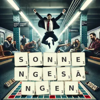 Kreative Illustration für ein Scrabble-Spiel, bei dem das Wort SONNENGESÄNGEN mit Steinen auf dem Brett gelegt wurde.