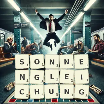 Kreative Illustration für ein Scrabble-Spiel, bei dem das Wort SONNENGLEICHUNG mit Steinen auf dem Brett gelegt wurde.