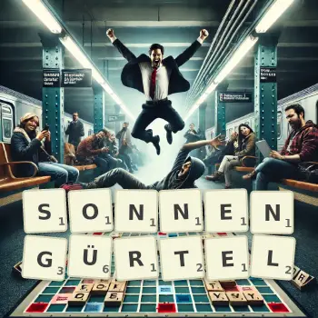 Kreative Illustration für ein Scrabble-Spiel, bei dem das Wort SONNENGÜRTEL mit Steinen auf dem Brett gelegt wurde.