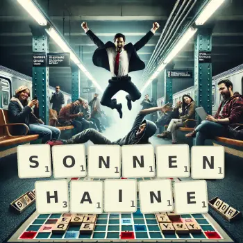 Kreative Illustration für ein Scrabble-Spiel, bei dem das Wort SONNENHAINE mit Steinen auf dem Brett gelegt wurde.
