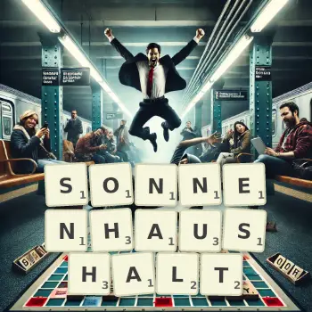 Kreative Illustration für ein Scrabble-Spiel, bei dem das Wort SONNENHAUSHALT mit Steinen auf dem Brett gelegt wurde.