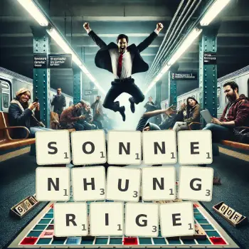 Kreative Illustration für ein Scrabble-Spiel, bei dem das Wort SONNENHUNGRIGE mit Steinen auf dem Brett gelegt wurde.