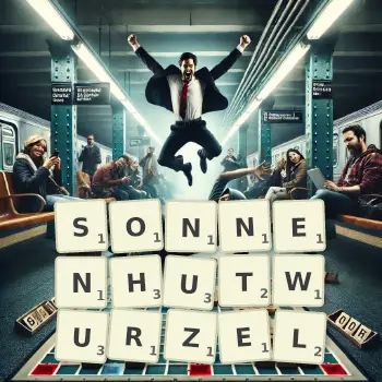 Kreative Illustration für ein Scrabble-Spiel, bei dem das Wort SONNENHUTWURZEL mit Steinen auf dem Brett gelegt wurde.