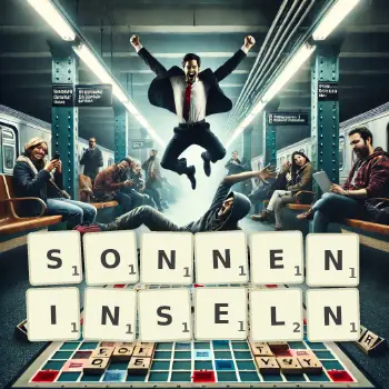 Kreative Illustration für ein Scrabble-Spiel, bei dem das Wort SONNENINSELN mit Steinen auf dem Brett gelegt wurde.