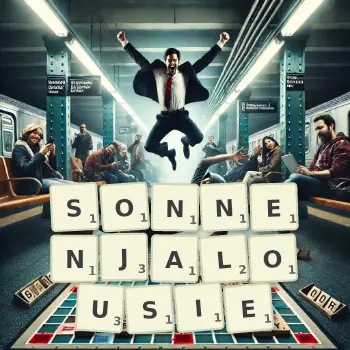 Kreative Illustration für ein Scrabble-Spiel, bei dem das Wort SONNENJALOUSIE mit Steinen auf dem Brett gelegt wurde.