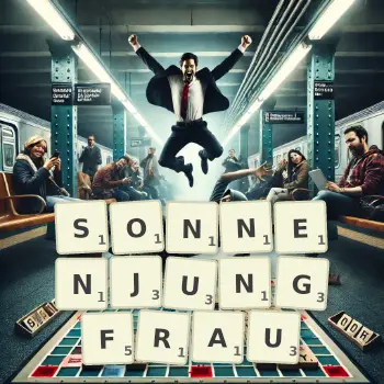 Kreative Illustration für ein Scrabble-Spiel, bei dem das Wort SONNENJUNGFRAU mit Steinen auf dem Brett gelegt wurde.