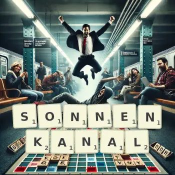 Kreative Illustration für ein Scrabble-Spiel, bei dem das Wort SONNENKANAL mit Steinen auf dem Brett gelegt wurde.
