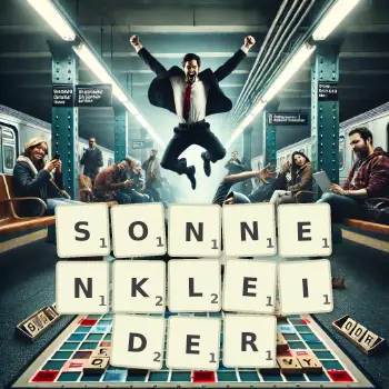 Kreative Illustration für ein Scrabble-Spiel, bei dem das Wort SONNENKLEIDER mit Steinen auf dem Brett gelegt wurde.