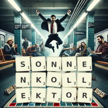 Kreative Illustration für ein Scrabble-Spiel, bei dem das Wort SONNENKOLLEKTOR mit Steinen auf dem Brett gelegt wurde.